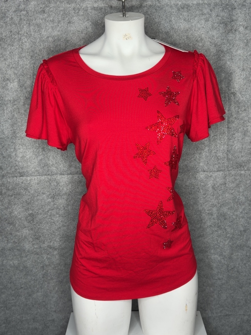 Chico’s Red Embellished Star Top Women’s L 12 Rhinestone Short Sleeve NWT